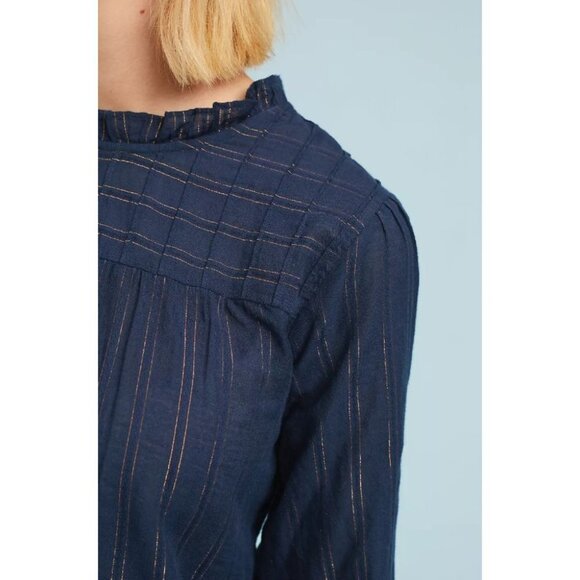 Anthropologie Maeve Reston Blouse Navy Blue w Copper  Vertical Stripes size XS - Picture 9 of 16